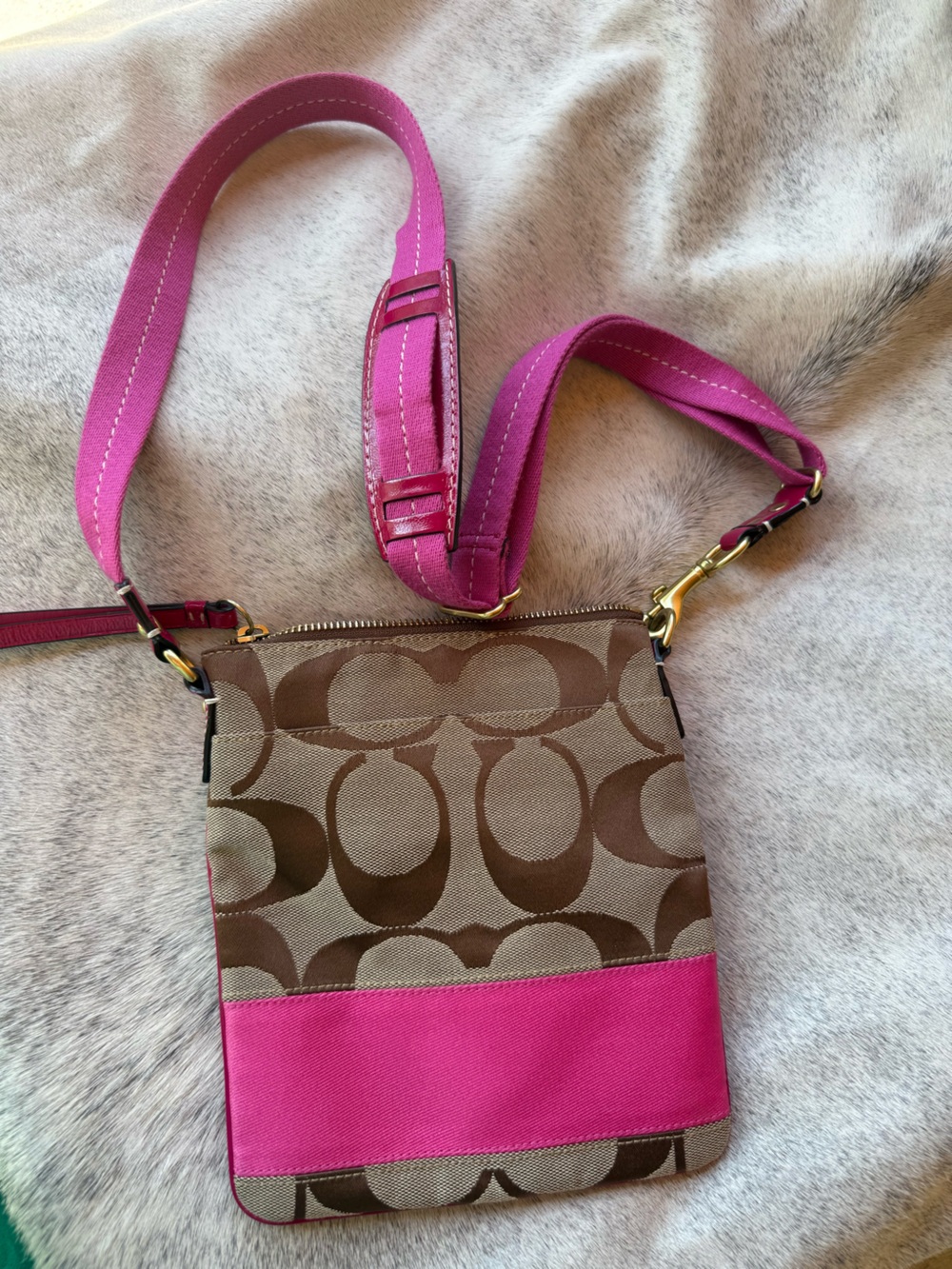 Coach Crossbody Bag #10129 khaki Tan bright Pink - Signature - Stripe Swingpack - Picture 2 of 16